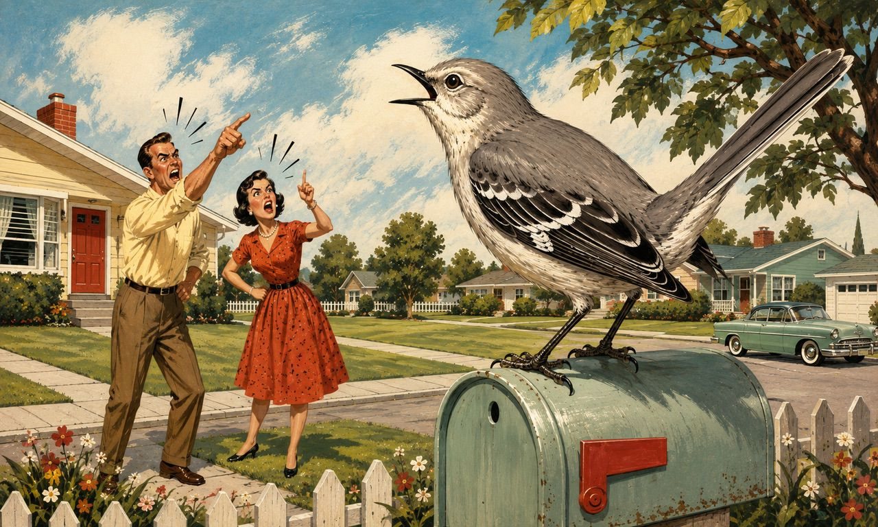 A giant mockingbird sings from atop a mailbox on a sunny mid-century suburban street while a man and a woman on the sidewalk shout and point up at it.