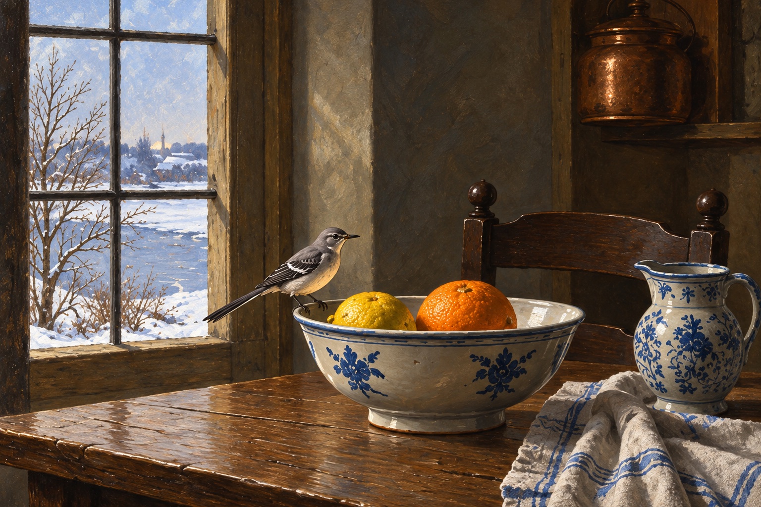 Cover of Issue 6: A quiet winter still life: on a worn wooden table beside a window full of snow, bare trees and a far village, a blue-and-white bowl holds a lemon and an orange, a grey-and-white mockingbird perched on its rim; a blue-and-white jug and a striped cloth sit beside it, a ladder-back chair and a copper pot behind, in cool window light against warm shadow.