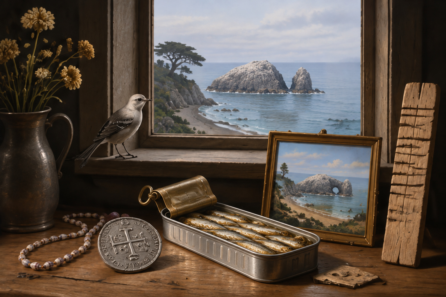 Cover of Issue 7: A Dutch-style still life on a worn wooden table below a window: a long open tin of sardines with its key-rolled lid, an old silver coin, a loop of tiny shell beads, a notched wooden tally stick, a pewter jug of dried flowers, and a mockingbird on the sill; through the window a granite rock stands offshore with two horns and a gap between them, and in a small gilt-framed painting on the table the same rock, with a younger cypress on the point, still has its arch.