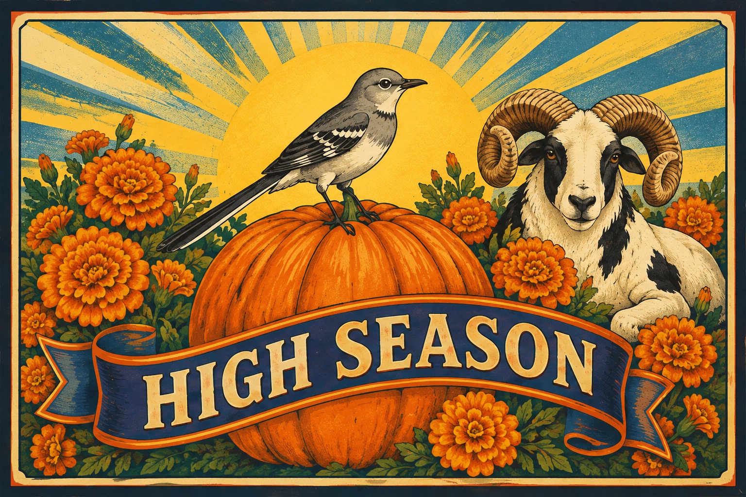 In the style of a 1930s California fruit-crate label, a grey mockingbird perches on a big orange pumpkin in front of a golden sunburst, with clusters of orange marigolds on either side and, at the right, a white ram with black patches and curled horns lying among the flowers and looking out; a navy ribbon across the pumpkin reads HIGH SEASON.