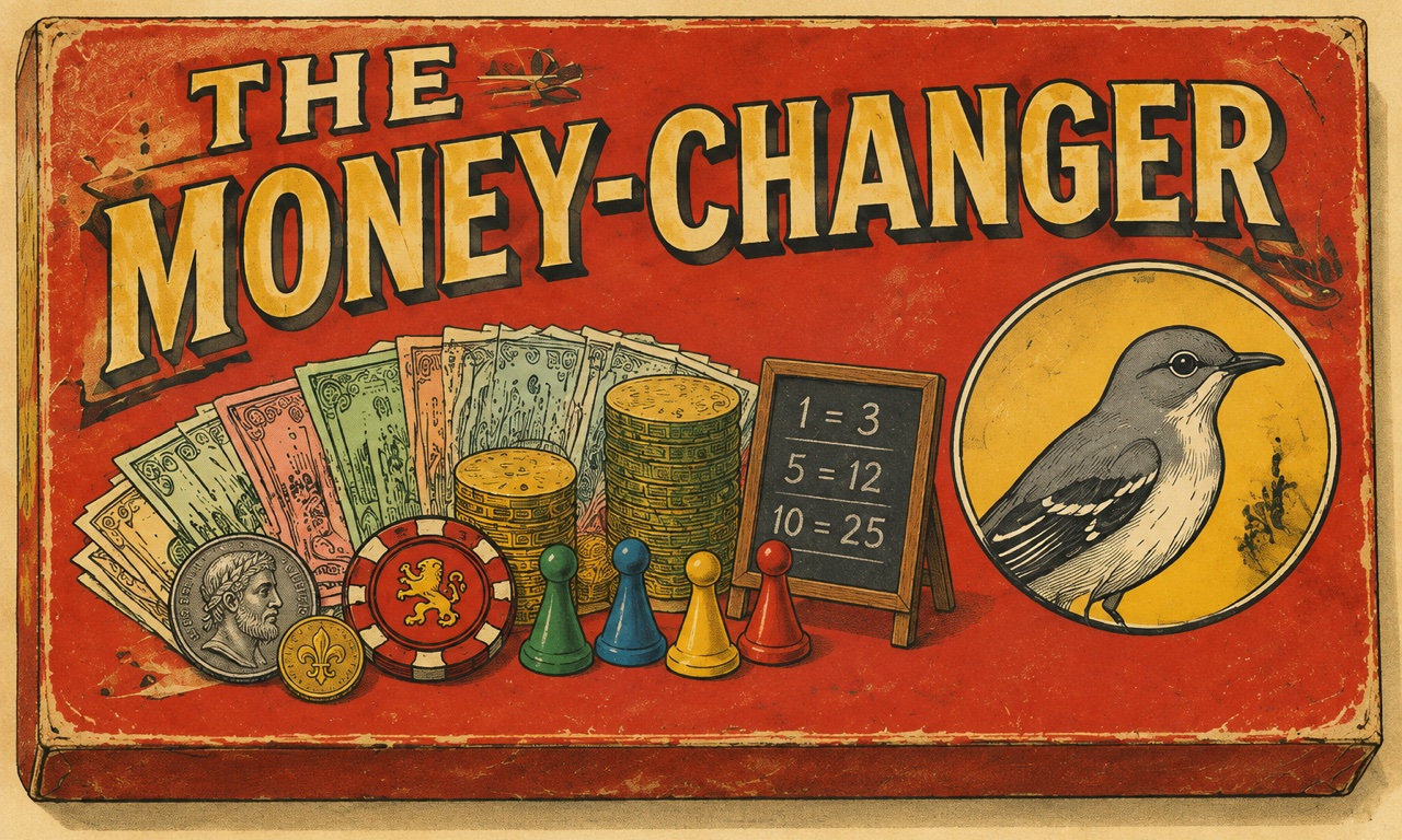 A worn red 1950s board-game box lid, lithographed, with THE MONEY-CHANGER in big cream display letters across the top; below, a fan of pastel play-money bills, two stacks of gold coins, an old silver coin, a red casino chip with a gold lion, four wooden pawns in green, blue, yellow and red, a little slate on a stand with exchange rates in chalk, and at the right a yellow circle holding a grey mockingbird drawn as part of the box art.