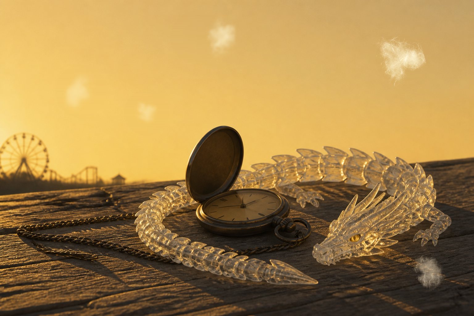A plain steel pocket watch on weathered fairground wood, a translucent articulated dragon coiled beside it, evening light standing inside the dragon; a ferris wheel and tents on the horizon; a few wisps of cottonwood fluff in the golden air.