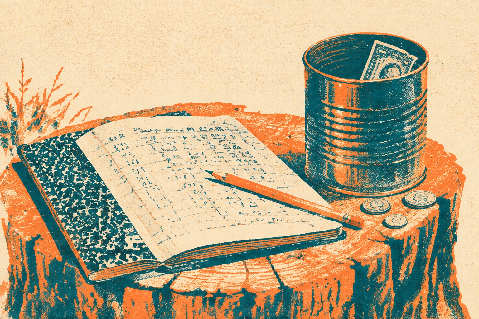 A two-color risograph print in orange and teal on cream paper: a black-and-white marbled composition book lies open on a tree stump, its ruled page filled with handwritten columns of figures and a pencil lying across it; beside it stands a tin can with one dollar bill leaning inside, and three coins lie on the stump at its foot.