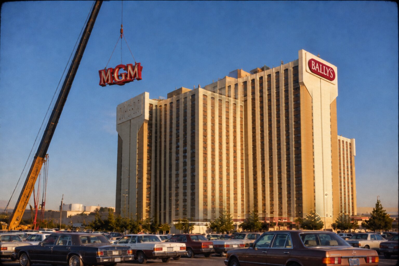 A soft, grainy color photograph with the look of 1986, taken from a parking lot of boxy mid-eighties cars at golden hour: a tall concrete-and-glass hotel tower with vertical ribs of windows, a crane at the left lifting the big red letters M G M away from the roof, the ghost of the letters still faint on the left pylon, and the right pylon already carrying a red oval sign reading BALLY'S against a clear blue sky.