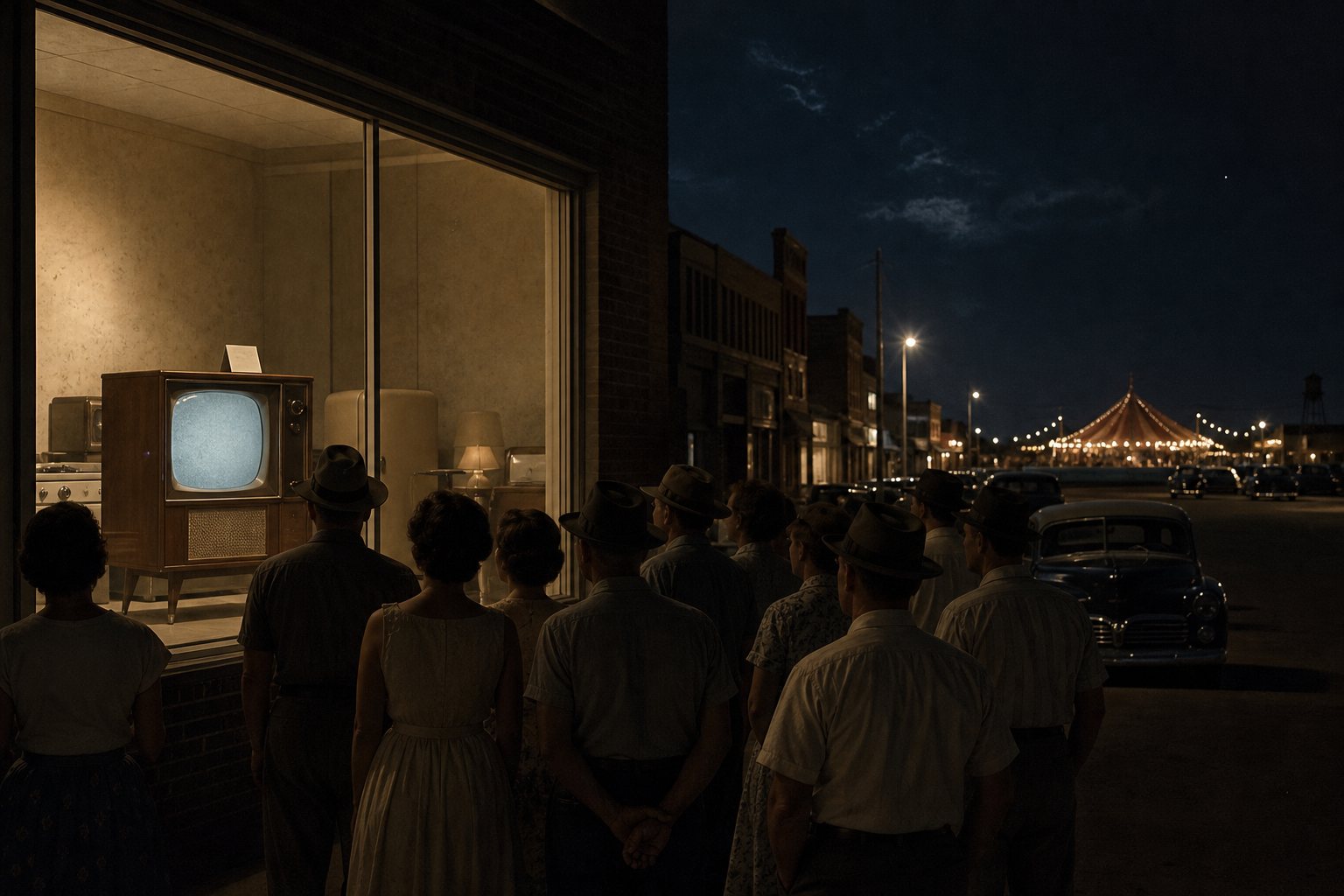 Night on a small-town Nebraska main street, 1950s. A crowd of hats stands on the sidewalk before a lit appliance-store window where a mahogany television console glows; down the block, carnival string lights.