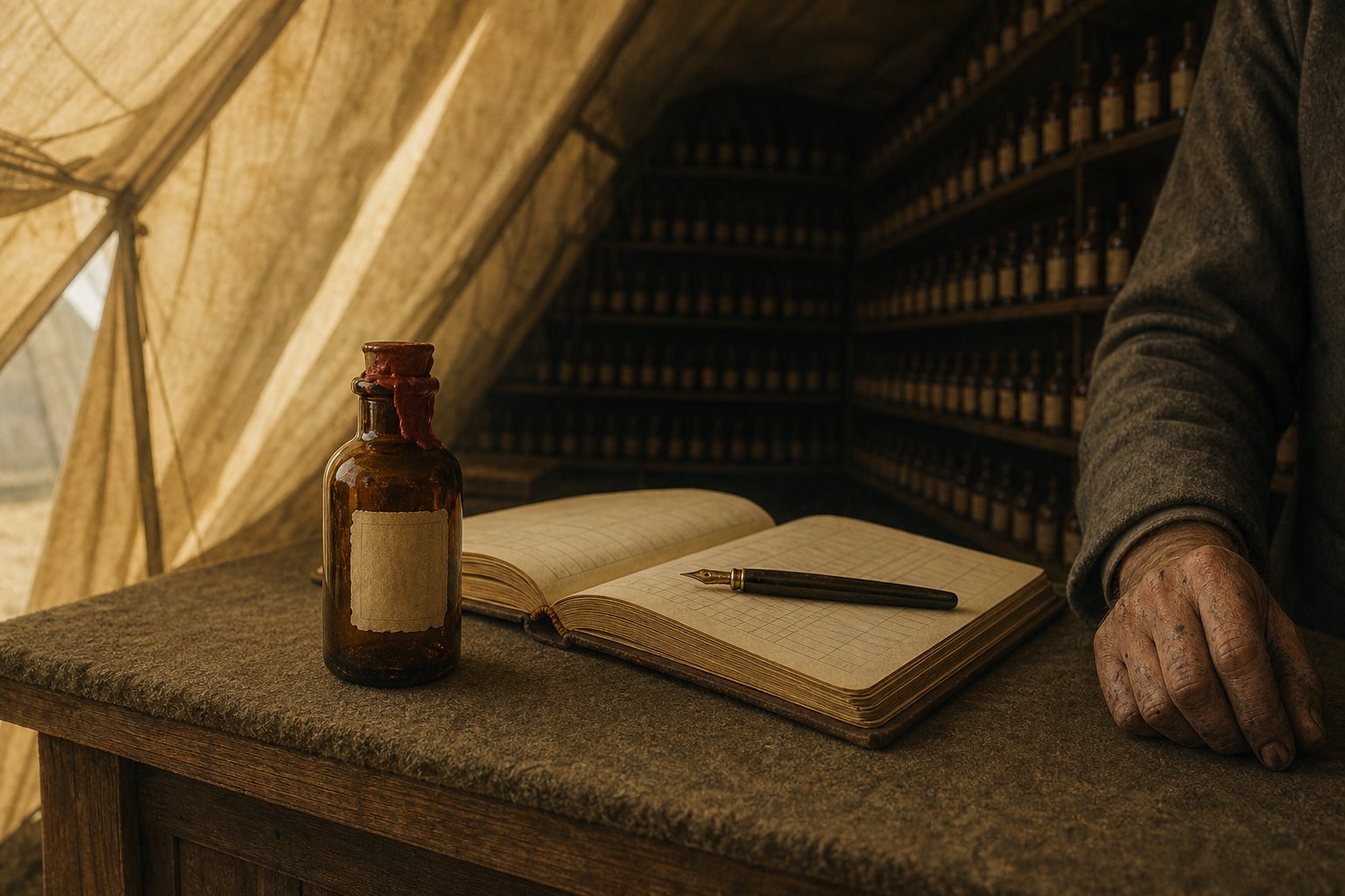 A small wax-sealed amber bottle on a felt-topped counter inside a moth-colored canvas tent; behind it, shelves running deeper than the tent could hold, and a gray-coated clerk's ink-stained hands.